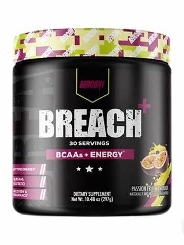 Envase de Breach+ Energy de Redcon1 mostrando ingredientes clave y diseño de la etiqueta.