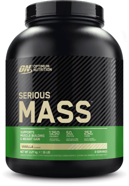 Imagen del envase de Serious Mass de Optimum Nutrition, un ganador de peso de alta calidad diseñado para aumentar masa muscular y peso corporal.