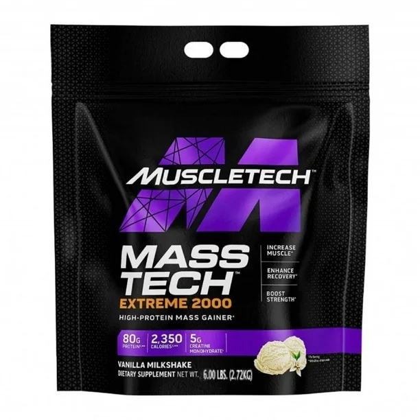 Envase de Mass-Tech de MuscleTech mostrando su fórmula de alta caloría, proteínas y creatina.