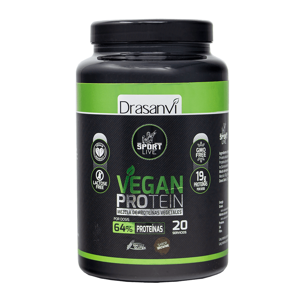 Proteína Vegana Sport Live de Drasanvi, mezcla vegana de guisante y arroz sabor Brownie, sin lactosa ni gluten”