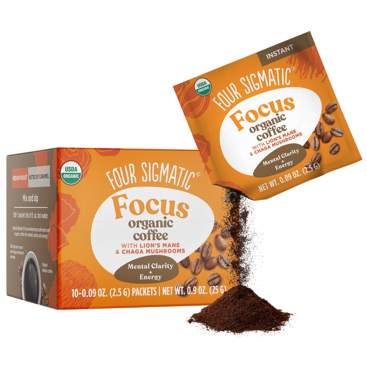 Four Sigmatic Focus Ground Mushroom Coffee, café orgánico con Lion’s Mane y Chaga para enfoque y energía.