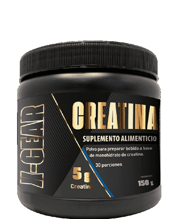 Bote de Creatina Monohidratada X-Gear de Farmacias Similares, polvo micronizado sin sabor ni gluten para 30 servicios.