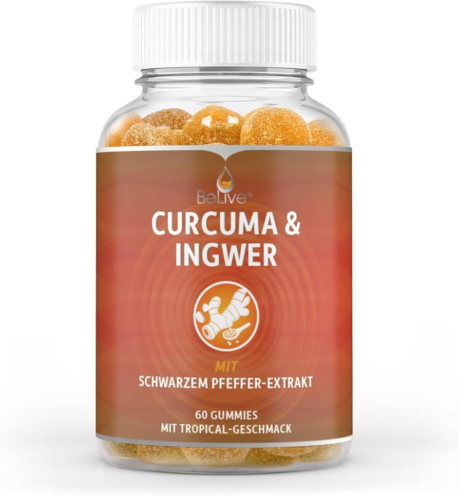 Paquete de BeLive Turmeric Curcumin & Ginger Gummies, gomitas veganas con cúrcuma, jengibre y bioperine para salud articular.