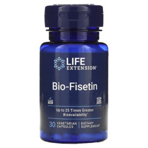 Envase de Bio-Fisetin de Life Extension, suplemento senolítico con fisetina y galactomananos de fenogreco.