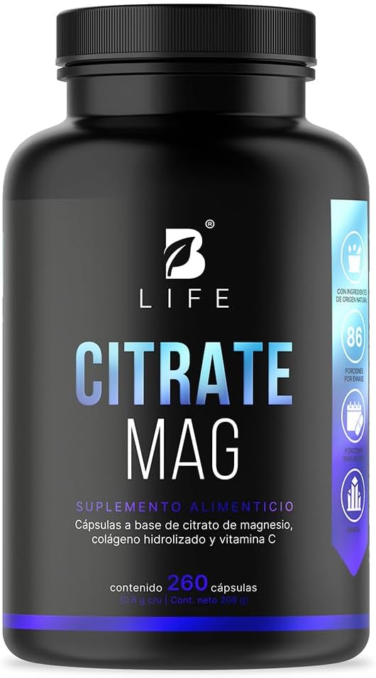 B Life Citrate Mag, suplemento de magnesio citrate con vitamina C y colágeno, 260 cápsulas.
