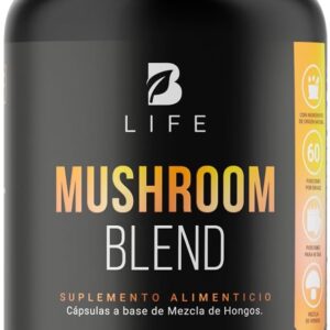 Envase de Mushroom Blend B Life, suplemento de hongos adaptógenos para el bienestar general.
