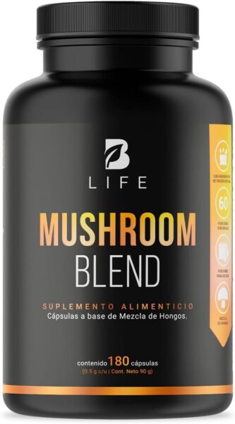 Envase de Mushroom Blend B Life, suplemento de hongos adaptógenos para el bienestar general.